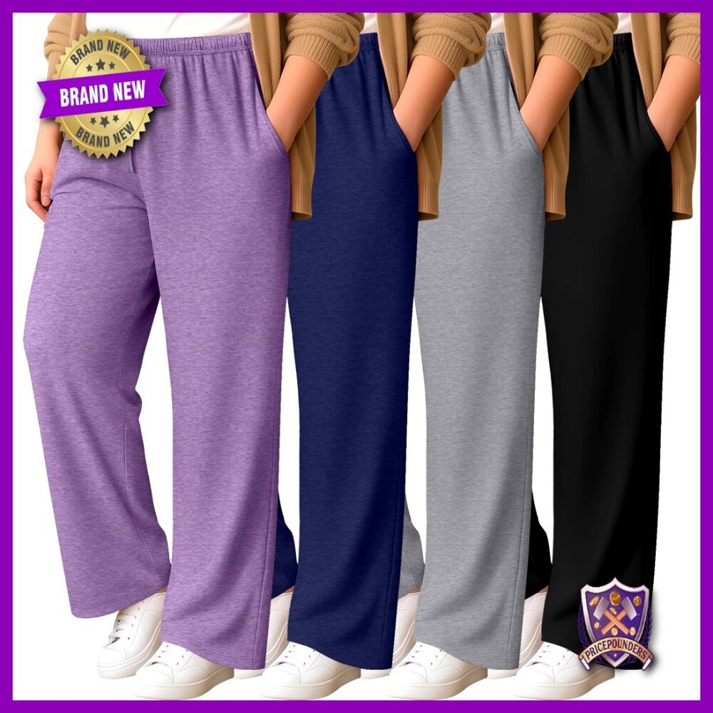 Plus Size Lounge Pants with Pockets, Wide Leg Yoga Sweatpants 4 Pack